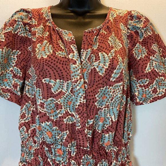 Anthropologie Wide-Leg Floral Jumpsuit XS Brick Red Teal Short Sleeve NWT - Picture 5 of 8